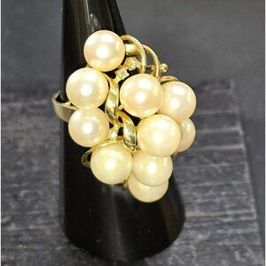 Vintage 14K Gold Cocktail Ring With Cultured Pearls & Diamonds Size 6.75 HS81